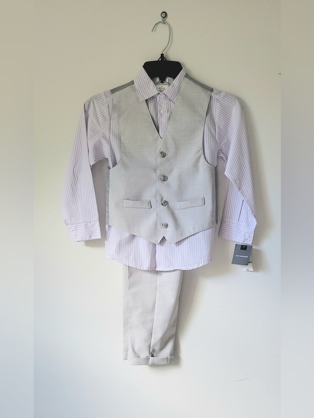 New Van Heusen Boys Size 6 Regular 3pc Suit Set Gray Striped Vest Pants Shirt